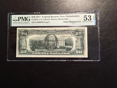 20.00 1977 federal reserve note Error Offset Printing Front To Back PMG 53 AUEPQ - Image 1 of 2