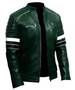 GIACCA IN PELLE UOMO ELEGANTE ORIGINALE CAFE RACER VERDE STILE RETRÒ VINTAGE BKER - Foto 1 di 5