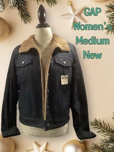 Gap Women's M Denim Jacket Trucker Indigo Tan Sherpa Lined NWT Zip Cuffs Button - Picture 1 of 23