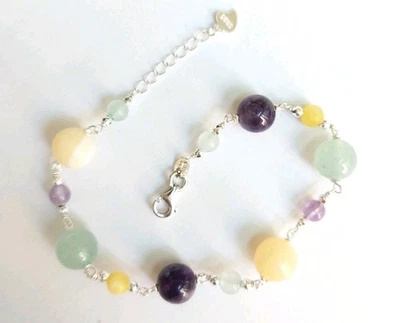 Bracciale in argento 925 con ametista, giada gialla, ematite e avventurina verde - Immagine 1 di 4