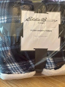 Eddie Bauer Home Plush Sherpa Throw 60”X 70” Blanket fleece Blue Plaid NEW - Picture 1 of 3
