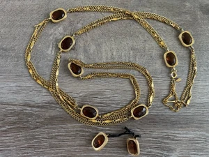 Vintage signierte Sarah Coventry goldene Glut Bernstein Glas Kette Halskette Ohrringe - Bild 1 von 13