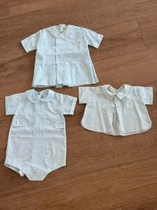 Vintage Handmade  Baby Blue Boy Romper And 2 Shirts Smocked Embroirded 3 Pieces - Picture 1 of 7