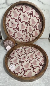 Goblin And Ghoul Wooden Serving Tray Set Of 2 Plus 4Pc Coasters Bow Ghost Print - Picture 1 of 9