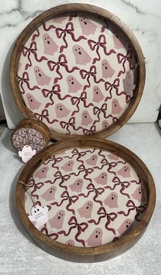 Goblin And Ghoul Wooden Serving Tray Set Of 2 Plus 4Pc Coasters Bow Ghost Print  - Image 1 of 4