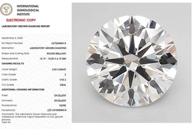4.03 Round Lab Grown Diamond Engagement Ring IGI Certify E VVS2 - Image 1 of 4