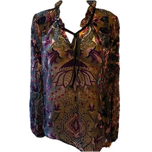 Burn Out Velvet Blouse Size M/L Black Floral Gothic Witchy Boho Lagenlook Artsy - Picture 1 of 10
