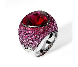 Shiny Lab-Created Pear Cut Red Ruby & Pink Tourmaline Bezel Set Wedding Ring - Picture 1 of 5
