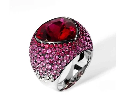Shiny Lab-Created Pear Cut Red Ruby & Pink Tourmaline Bezel Set Wedding Ring - Image 1 of 4
