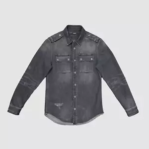 $1150 Balmain Men Gray Washed Distressed Denim Long-Sleeve Shirt Size 38 - Picture 1 of 3