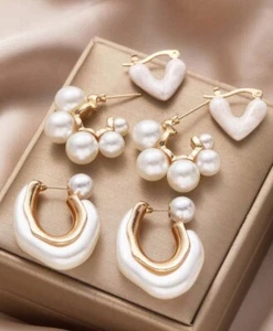 Cream Faux Pearl Earrings Wholesale Lot 3 Pairs Gold Chunky Pierced Big Hoop - Picture 1 of 4