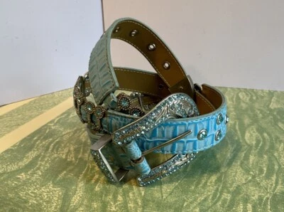 Cowgirl Belt Texas Snakeskin Design 31”-37” Turquoise Silver Rhinestone Rodeo - Image 1 of 4