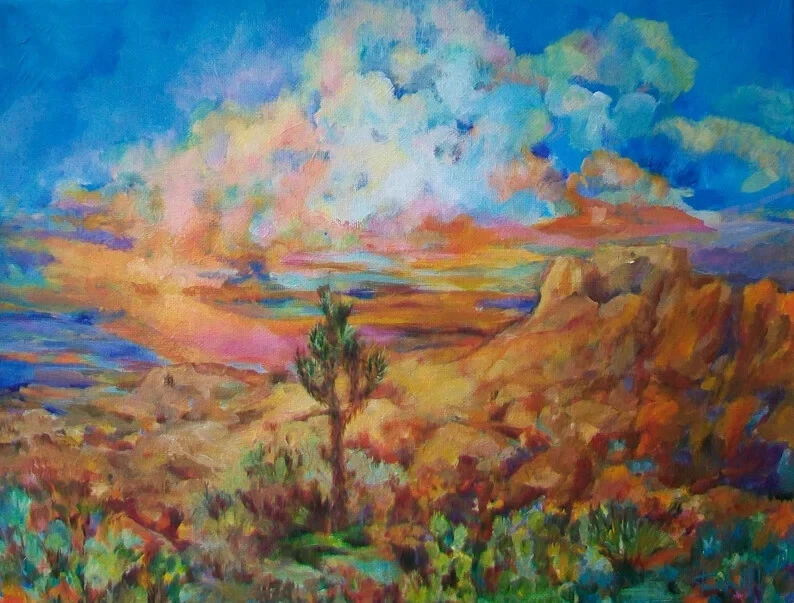 Pintura Acrílica Original Joshua Tree Sunrise Desierto del Suroeste Cactus Roca Yuca Foto 1 de 1
