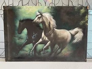 large wild Horses running Old vintage black velvet oil painting art - Picture 1 of 11