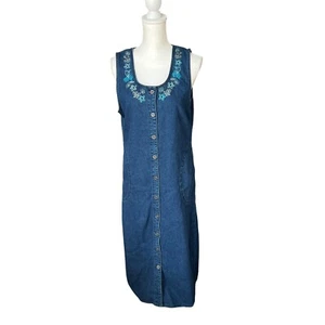 VTG 90s white stag blue denim jean jumper maxi dress embroidery women small - Picture 1 of 5