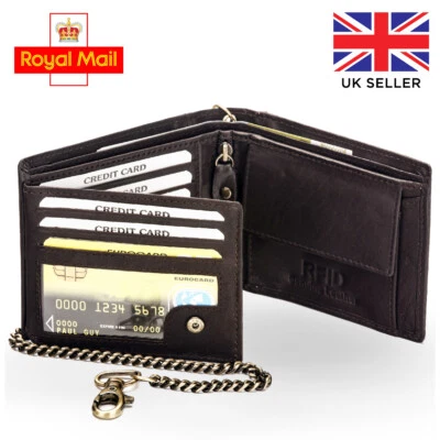 Mens Real Leather Biker Chained Wallet Quality RFID Blocking Purse Credit Card  - Image 1 of 4