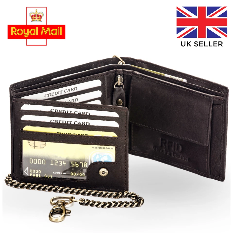 Mens Real Leather Biker Chained Wallet Quality RFID Blocking Purse Credit Card  - Image 1 of 4