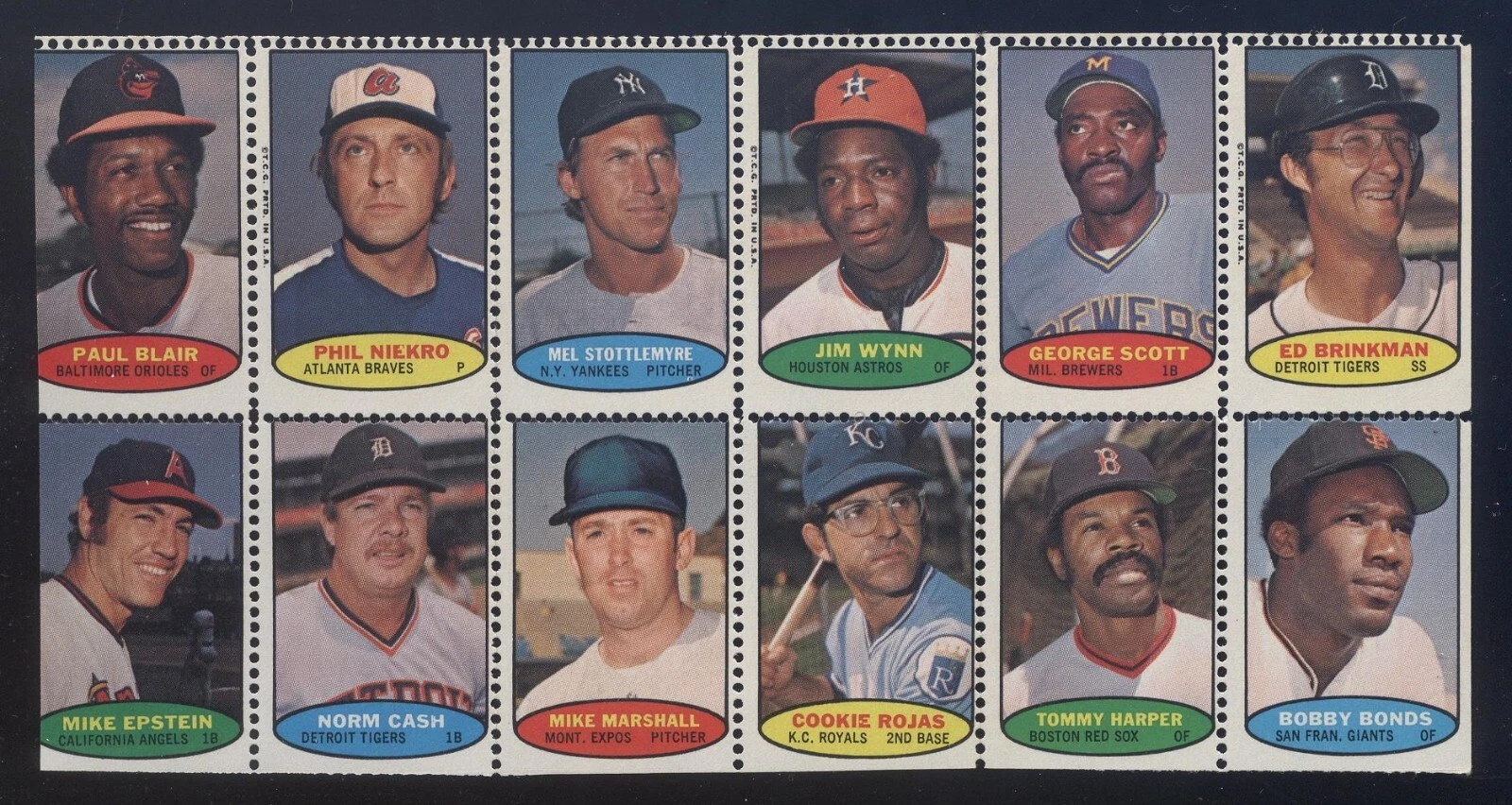 1974 Topps baseball stamp panel 12 stamps Phil Niekro Bobby Bonds Jim Wynn Nr-Mt