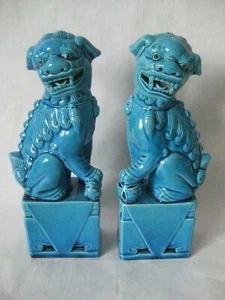 2 Vintage Foo Dog Set Turquoise Figurine Porcelain Chinese Ceramic 8 in. tall - Picture 1 of 12