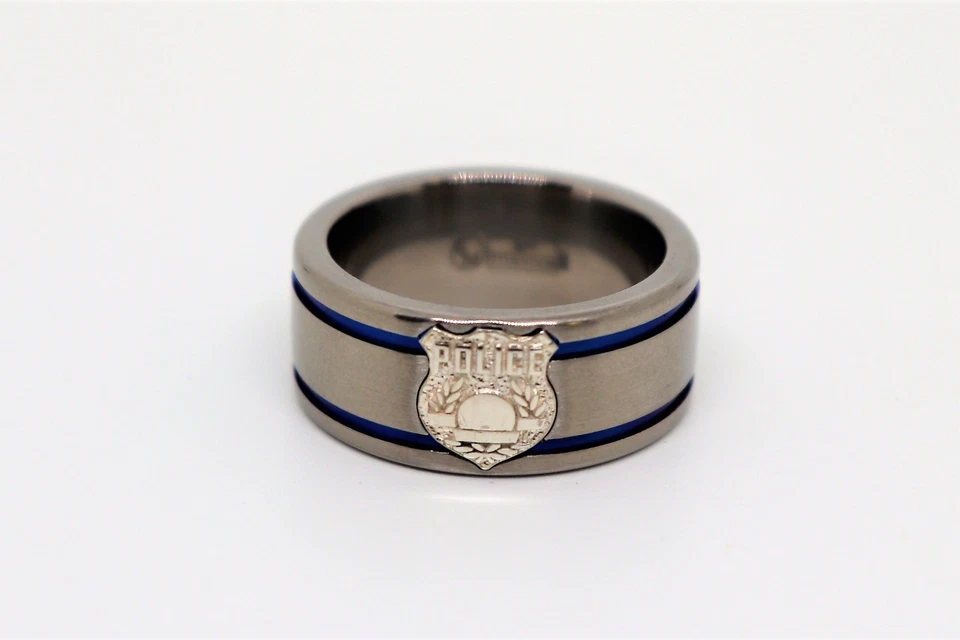 Wedding Band For Policeman W/Badge Titanium & Sterling Blue stripes size 9.5 - Image 1 of 4