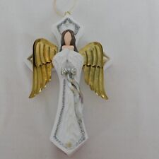 Angel Christmas Ornament Religious Cross White Silver Gold Tone Wings Hangs 4.75