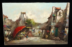 Vintage niederländisches Ölgemälde Dorf Straßenszene von Harry Koolen (1904-1985)(HoL) - Bild 1 von 8