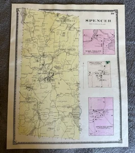 Spencer MA 1870 original colored map  Showing Homeowners  - Picture 1 of 2