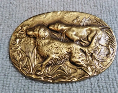 Large Gorgeous Vintage Antique Metal Picture Button HUNTING DOGS - Image 1 of 4