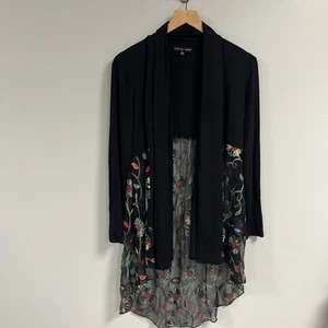 Cardigan lungo nero Kim & Cami scialle kimono aperto ricamato floreale medio M - Foto 1 di 14