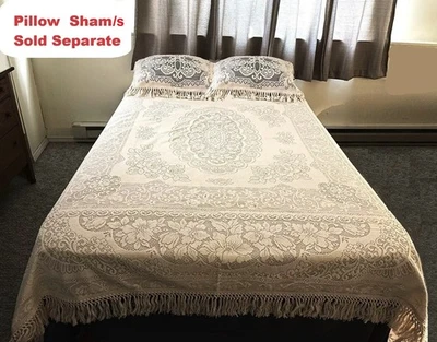 Queen Somerset Rose Ivory Fringe Lace Lined Coverlet 92" x 92" Bedspread - Image 1 of 4