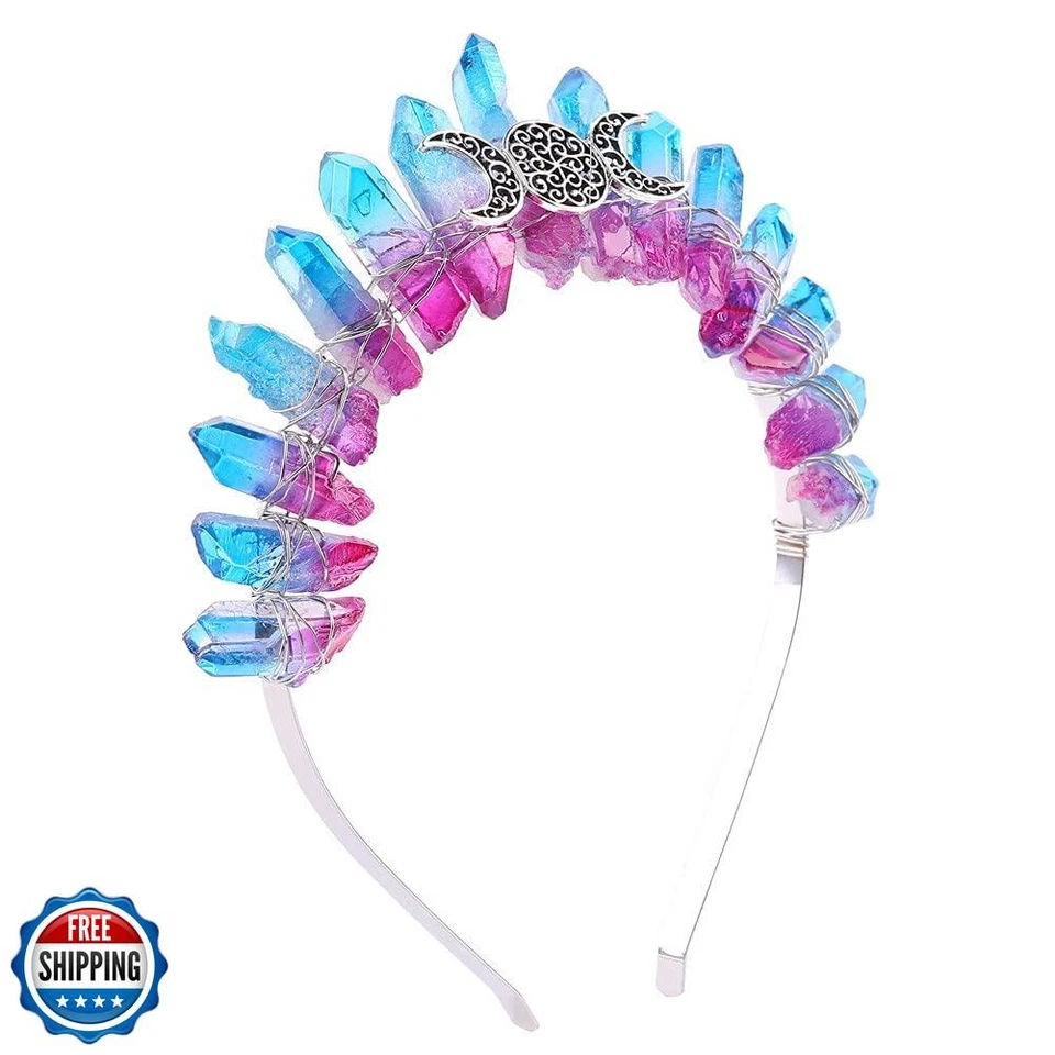 Bubbmi Raw Crystal Crown Headband Natural Quartz Rhinestone Tiara Hair Hoop W - Image 1 of 4