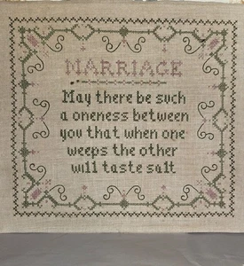 Vintage Handmade Country Cross Stitch Sampler MARRIAGE 13x15 Cottagecore - Picture 1 of 5