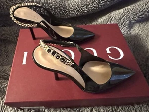 Gucci Signoria Slingback Pump Women’s Size 35 (US Size 5) Shiny Black Leather - Imagen 1 de 17