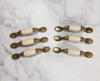 Brass And Porcelain Ivory Handles Drawer Pulls Knobs Vintage Set Of 6 Dresser - Image 1 of 4