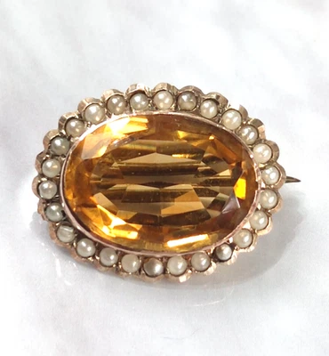 Broche de oro amarillo de 9 quilates piedras de perlas de citrino con sello tamaño 22 mm x 18 mm Foto 1 de 4