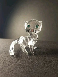 Hand Blown Glass Cat Figurine Clear Art Glass Green Eyes Painted Whiskers - Picture 1 of 7