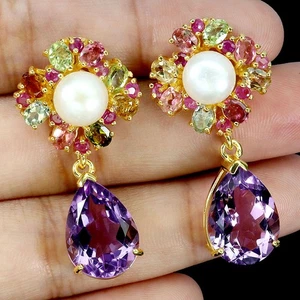 925 Sterling Silver Earrings Pear Amethyst 14x10mm Pearl Tourmaline Gemstone - Picture 1 of 13
