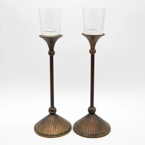 Vtg Tall Solid Brass Taper Candlestick Votive Candle Holders w/ Patina Art Deco - Picture 1 of 8