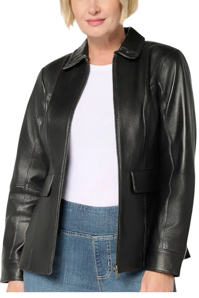 Denim & Co. Women's Lamb Leather Zip Front Jacket Black - Image 1 of 1