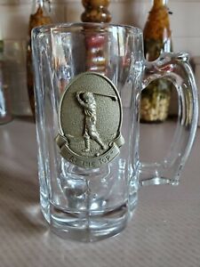 GOLF "AT THE TOP" GLASS MUG BEER STEIN TANKARD WITH PEWTER EMBLEM 
