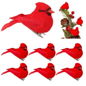 Decorative Red Bird Ornaments Clip-on Red 6Pcs Cardinals Feathered Birds - Picture 1 of 11