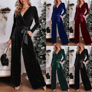 Plus Size Women Solid Velvet V Neck Long Sleeve Jumpsuits Ladies Slim Fit Romper - Picture 1 of 22