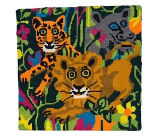 Vintage Needlepoint Jungle Animals Lion Tiger Hippo Sew Simple 14” Square - Picture 1 of 5