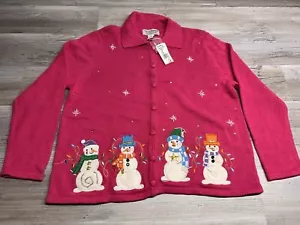 Tiara International Ugly Christmas Sweater Cardigan Snowman Pink Granny XL NWT - Picture 1 of 7