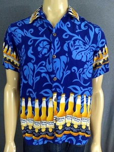 CORONA EXTRA BEER Casual SS Shirt Mens Large 100% Rayon Blue & Gold Floral - Picture 1 of 7