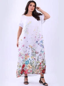 Italian Women Garden Print Long Dress Oversized Floral Print Linen Maxi Dress - Picture 1 of 3