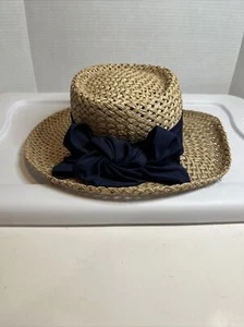 Vintage Firethorn Ladies Straw Summer Hat w/ Floral Ribbon Bow ~ Navy Blue - Picture 1 of 14