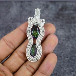 Rainbow Mystic Topaz Gemstone 925 Sterling Silver Wire Wrapped Pendant 2.83"