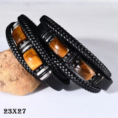 Luxus Leder Armband Tigerauge Schwarzes Magnetarmband mit doppeltem Tigerauge-S - Bild 1 von 4