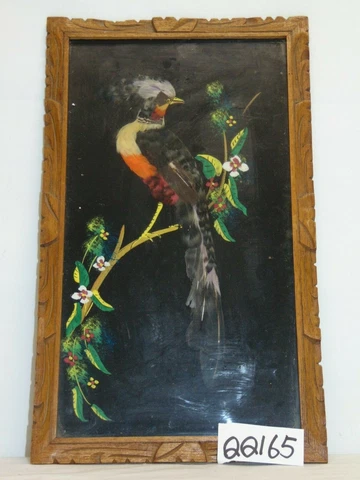 VINTAGE 1950S MEXICAN FOLK ART FEATHER CRAFT BIRD PICTURES W/ WOOD FRAME ORANGE Cover